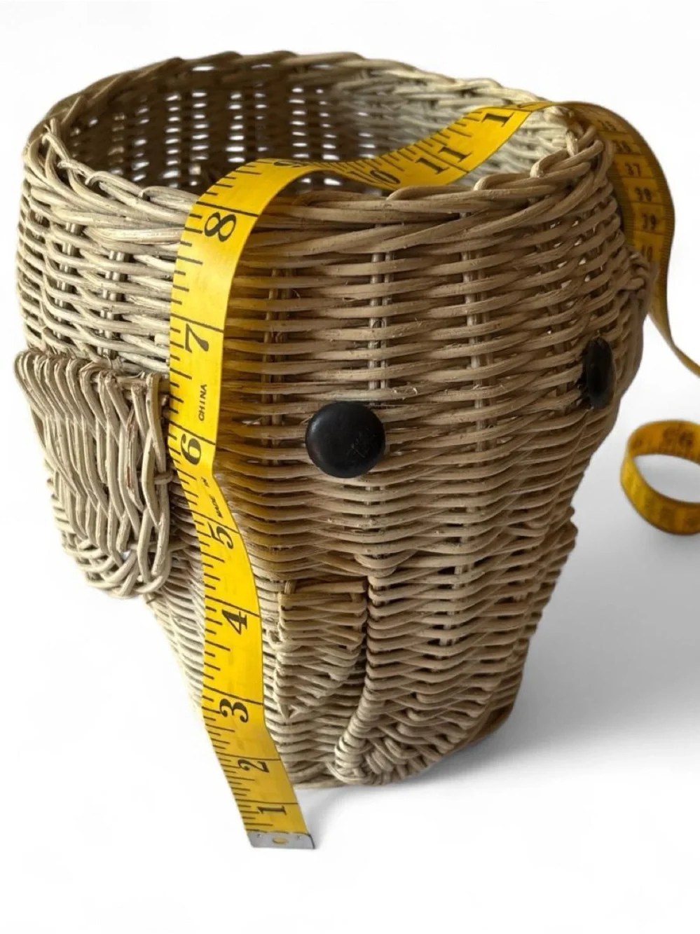 Woven Rattan Elephant Basket - Natural Beige with Dark Button Eyes